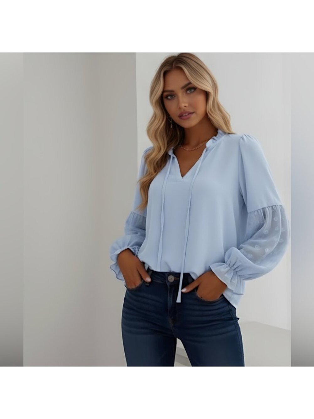 Blue Swiss Dot Frill Trim Blouse